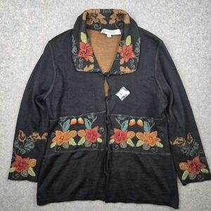 Peruvian Perfection Cardigan Sweater Womens XL Black Floral Alpaca Hand Knit NEW